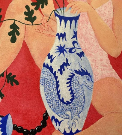 Close-up illustration of a blue and white porcelain vase with dragon motif against a red background by Oriane Safre-proust