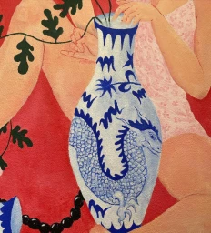 Close-up illustration of a blue and white porcelain vase with dragon motif against a red background by Oriane Safre-proust