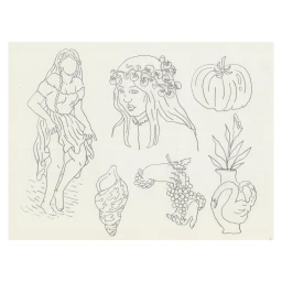 Fine line art illustration by Oriane Safre-proust featuring multiple motifs including a woman, flowers, a shell, and a vase.