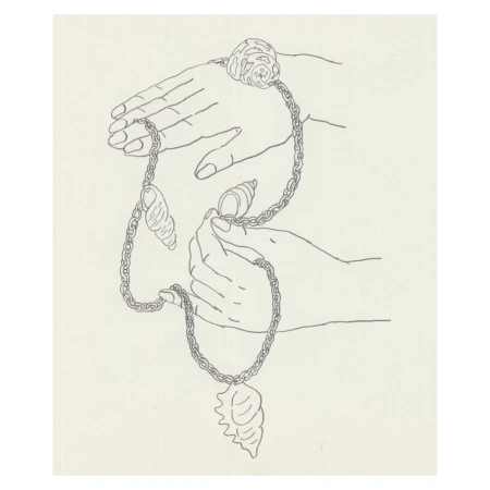Detailed line drawing of two hands holding and draping a chain necklace adorned with seashells against a pale textured paper background.