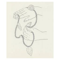 Detailed line drawing of two hands holding and draping a chain necklace adorned with seashells against a pale textured paper background.