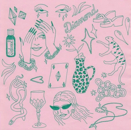 Green ink line art illustration sheet by Oriane Safre-proust featuring various whimsical motifs on pink paper.