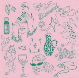 Green ink line art illustration sheet by Oriane Safre-proust featuring various whimsical motifs on pink paper.