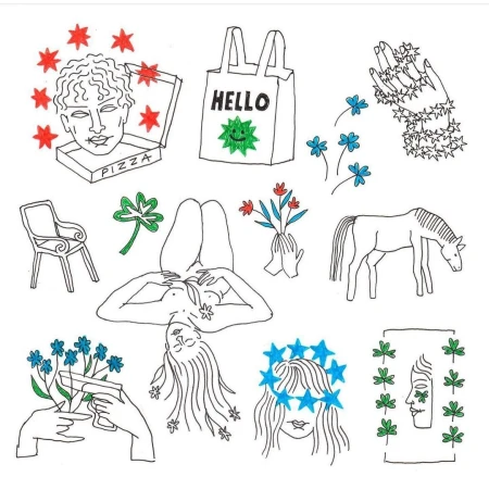 Collection of whimsical ink and coloured pencil illustrations featuring classical figures, tote bags, and horses by Oriane Safre-proust