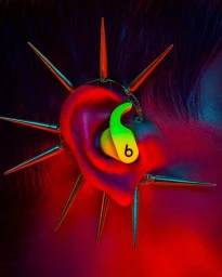 Close-up of an ear wearing a yellow wireless earbud, surrounded by metallic spikes and lit with dramatic red and blue lighting.