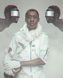Portrait of a man in white holding a drum flanked by two men wearing metallic visors by Osborne Macharia