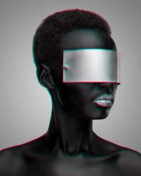 Portrait of a Black person wearing a metallic visor and silver lipstick against a grey background with cyan and red anaglyph color shift.