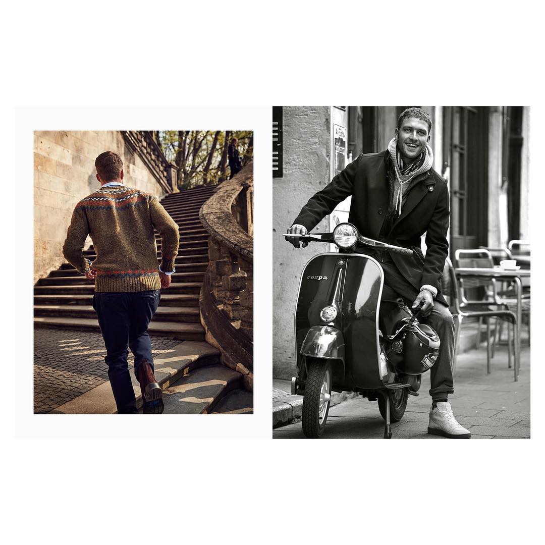 Two men showcase fall fashion. One climbs stone stairs in a patterned sweater; the other sits on a Vespa in a city street.