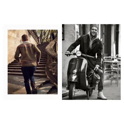 Diptyque layout showing a man walking up stone outdoor steps on left and seated on a scooter on right by Oscar Falk.