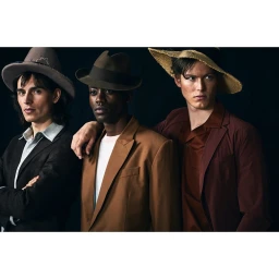 Three male models in tailored blazers and hats posing against a dark background in photography by Oscar Falk