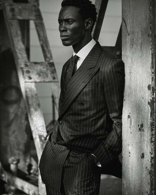 Black man in a pinstripe double-breasted suit leaning against a wooden beam in a monochrome portrait.