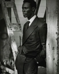 Black man in a pinstripe double-breasted suit leaning against a wooden beam in a monochrome portrait.