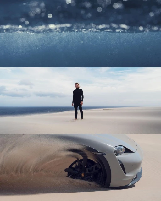 Collage of ocean waves, a person on a sandy beach near the ocean, and a car driving on sand with motion blur.