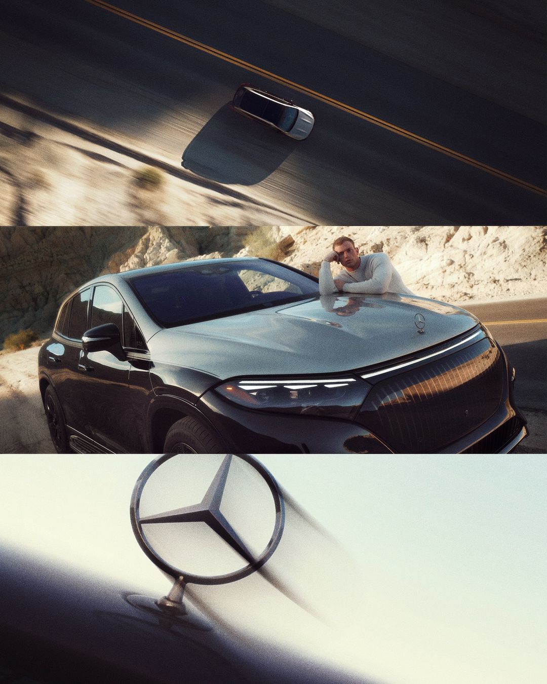 Car on a desert highway with a man posing on the hood and a close-up of the Mercedes-Benz hood ornament.
