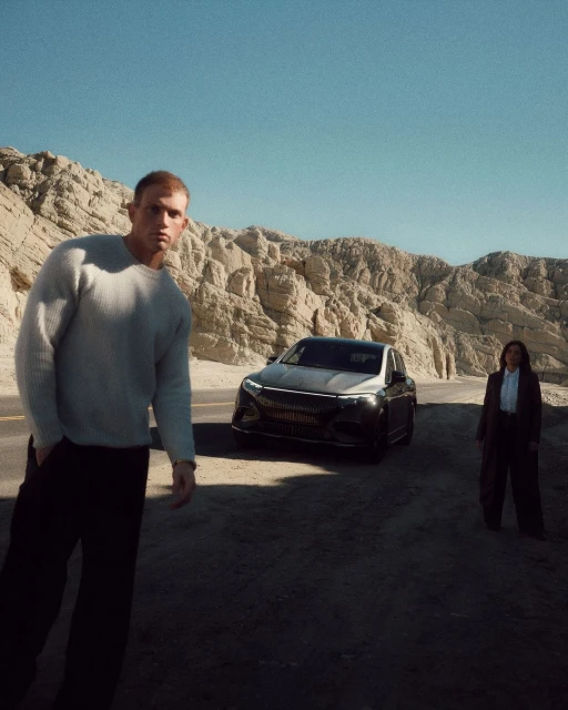An electric car is parked on a desert road, flanked by a man in a sweater and a woman in a business suit, under a clear blue sky.