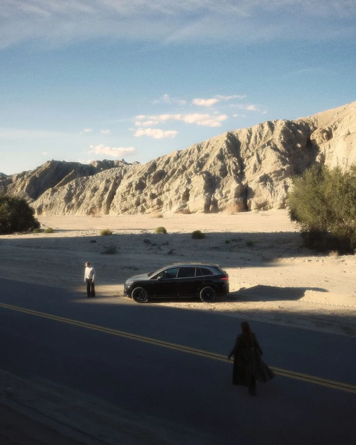 A black SUV is parked on a desert road with mountains, a male in white, and a female in black nearby on a sunny day.