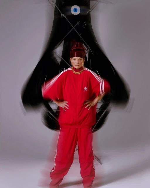 Woman in a red Adidas tracksuit stands in a photo studio with a large, abstract eye-shaped black sculpture and bright studio lighting.