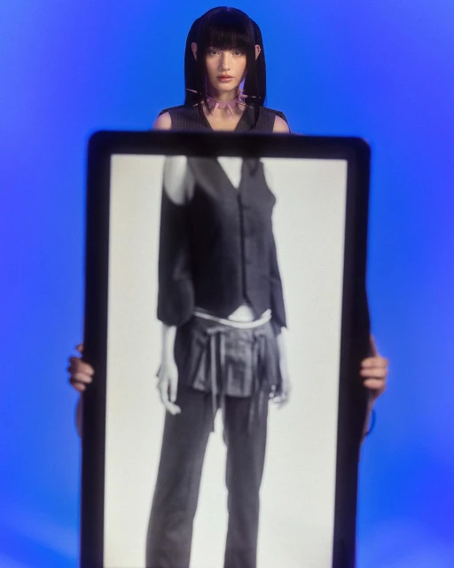 Portrait of an East Asian woman with blunt bangs and pigtails posing, while a person holds up a framed photo of a person in black and white.
