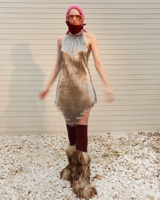 Full shot of a woman in a silver dress and fur boots in an outdoor setting, wearing sunglasses and a headscarf, showcasing a fashion-forward look.