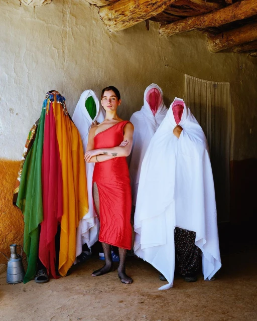 A woman in a red dress poses in front of a group of people shrouded in white sheets, one woman stands out in colorful traditional dress.