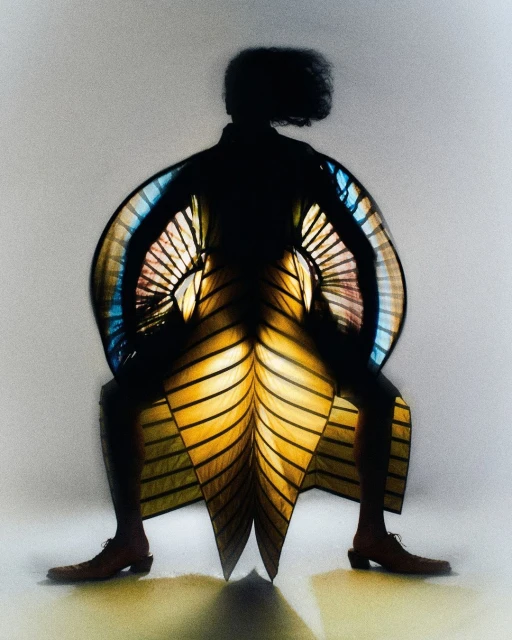 Person in dark silhouette seated with large yellow, blue, and peach-colored decorative wing-like costume piece in a studio.