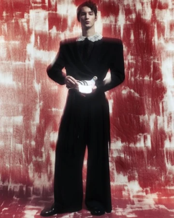 Full-length fashion shot of a young adult male posing in black wrap jacket and wide-leg pants against a textured red and white backdrop.