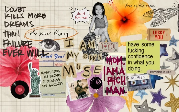 Mixed-media digital collage with flowers, motivational quote clippings, stickers, and a young child sitting on a disco ball.