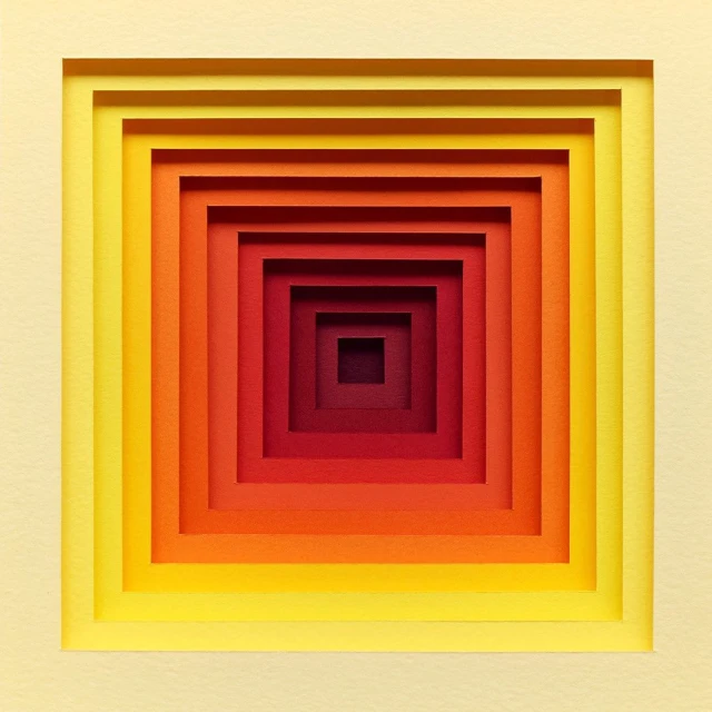 Abstract concentric square art in a warm color gradient from pale yellow to dark red, created with layered paper for a tunnel effect.