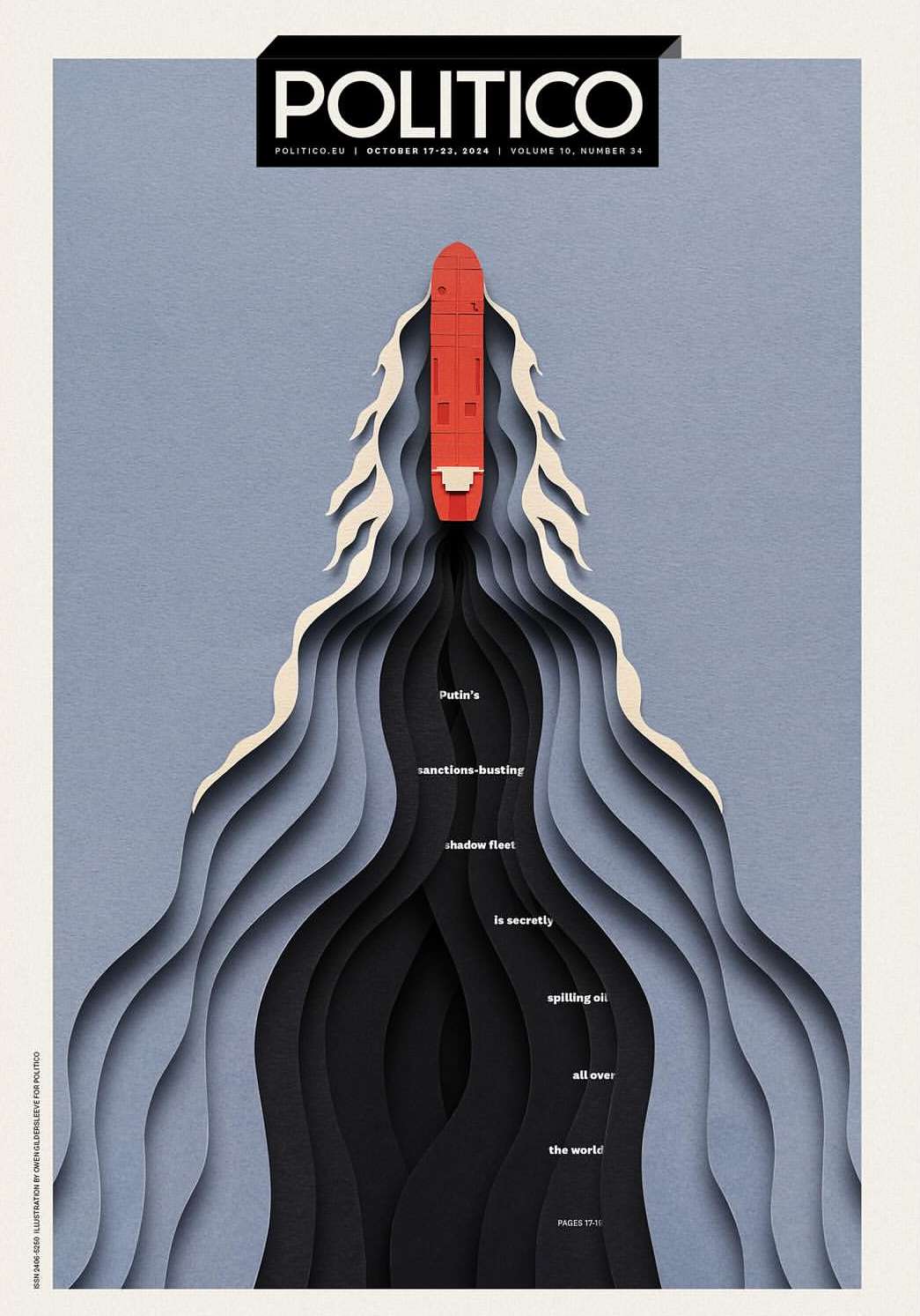Politico magazine cover featuring an illustration of a red tanker ship amidst layered paper waves with a dark oil spill effect.