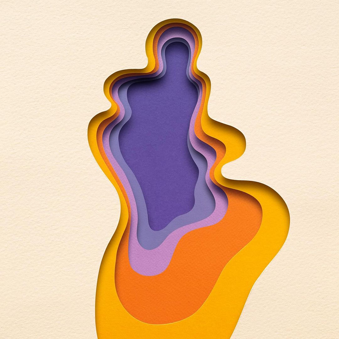 Abstract paper art design featuring multi-layered cutouts with orange, yellow, lavender, and purple colors on a light beige background.