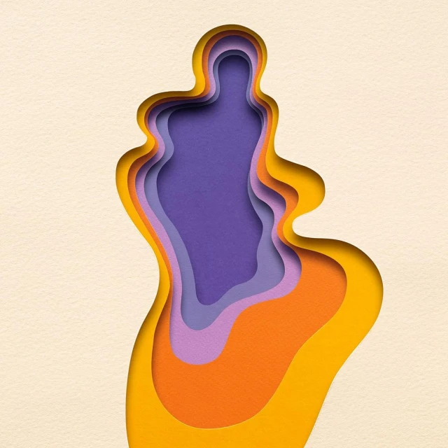 Abstract paper art design featuring multi-layered cutouts with orange, yellow, lavender, and purple colors on a light beige background.
