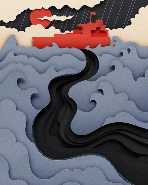 Paper-cut illustration of a red cargo ship sailing on blue wavy sea, leaving a trail of black liquid under an overcast sky and sun.