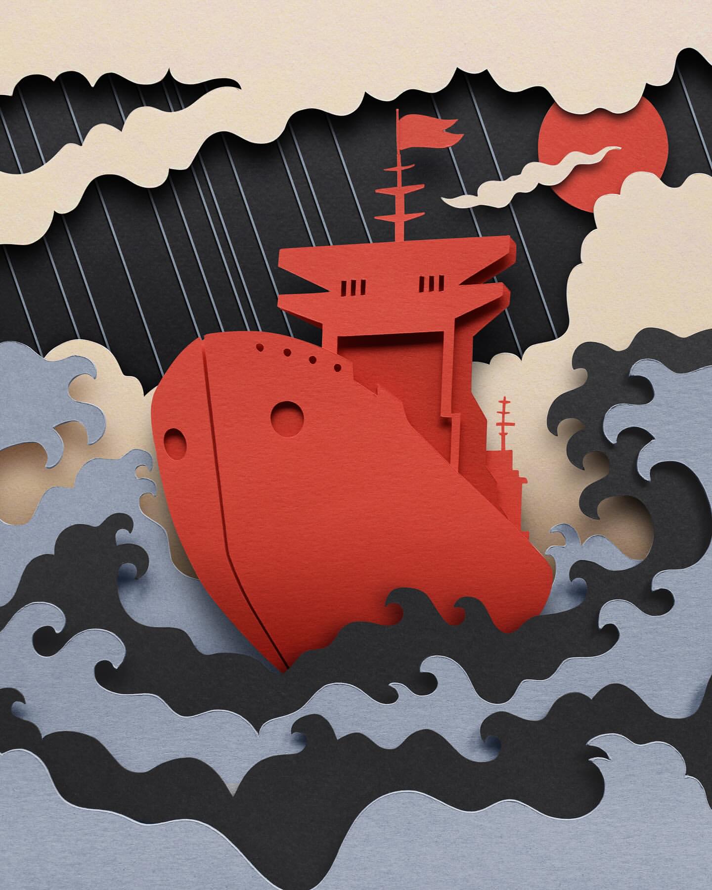 Paper art illustration of a red cargo ship sailing on stormy seas with dark clouds, rain, and a red sun in the background.