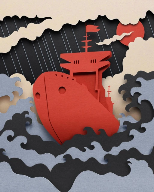 Paper art illustration of a red cargo ship sailing on stormy seas with dark clouds, rain, and a red sun in the background.