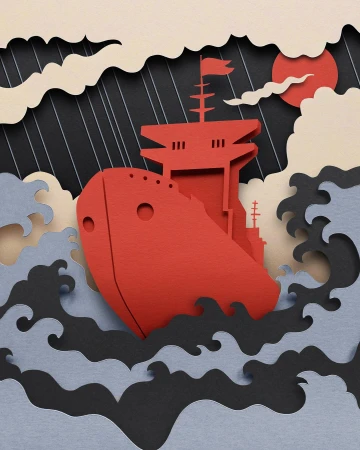 Paper art illustration of a red cargo ship sailing on stormy seas with dark clouds, rain, and a red sun in the background.