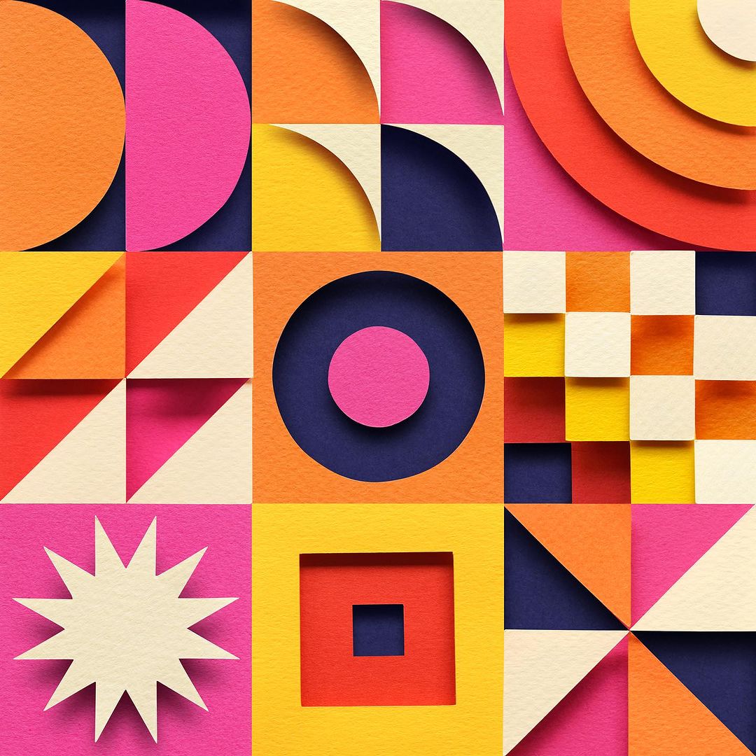 Colorful geometric shapes art arranged in a grid pattern, showcasing a vibrant and modern design with orange, pink, yellow, and blue hues.