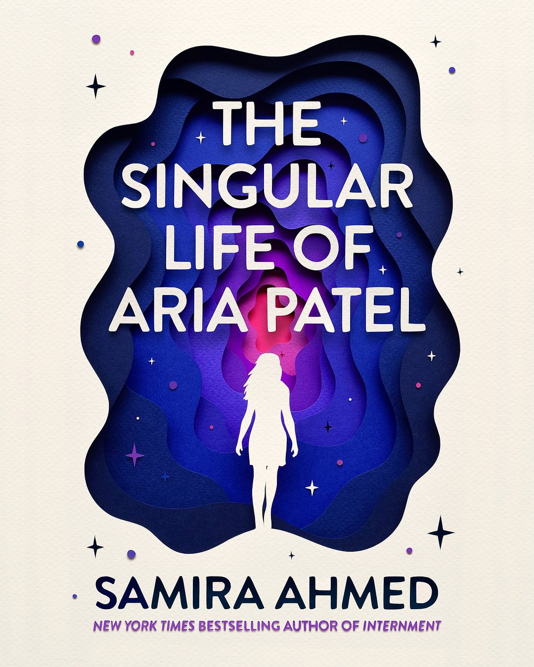 Book cover illustration of 'The Singular Life of Aria Patel' featuring a silhouette of a person against a layered blue background.
