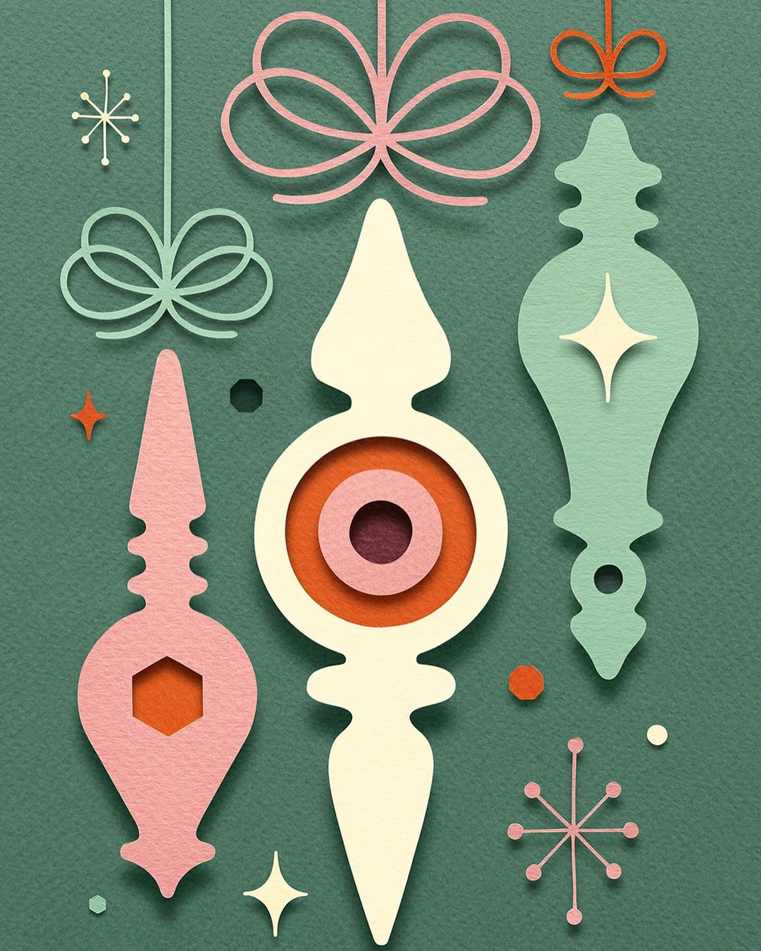 Festive holiday illustration featuring assorted geometric Christmas ornaments in pink, orange, and green on a textured green background.