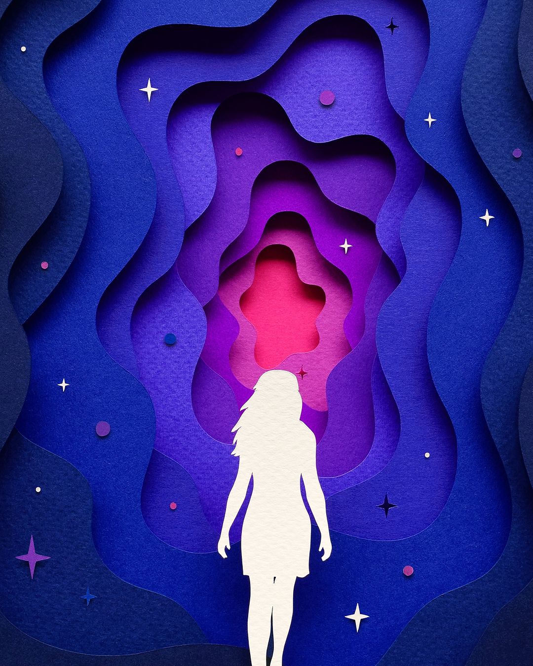 Silhouette of a woman in a dress, walking into a layered paper art portal with stars and cosmic colors in purples, blues, and pinks.
