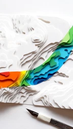 Layered paper sculpture creating a topographical map with a vibrant rainbow river, alongside a craft knife on white