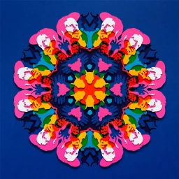 Intricate paper art mandala in vibrant pink, orange, yellow, green and blue arranged in a symmetrical radial pattern on a blue background.