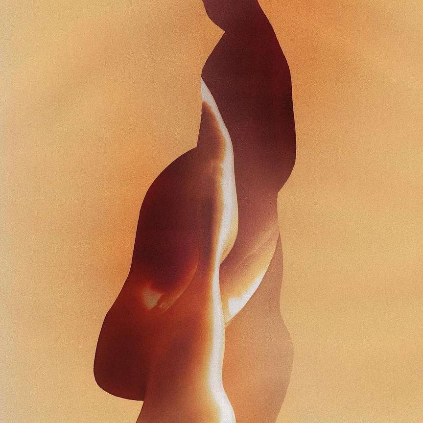 Abstract art featuring a silhouetted human form against a soft peach background, creating a textured and visually engaging composition.