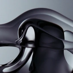 Abstract macro shot of glossy black metallic curves and fluid chrome reflections against a smooth grey background.