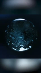 Close-up macro image of a circular dark textured sphere with blue and silver highlights, captured by Owen Silverwood.