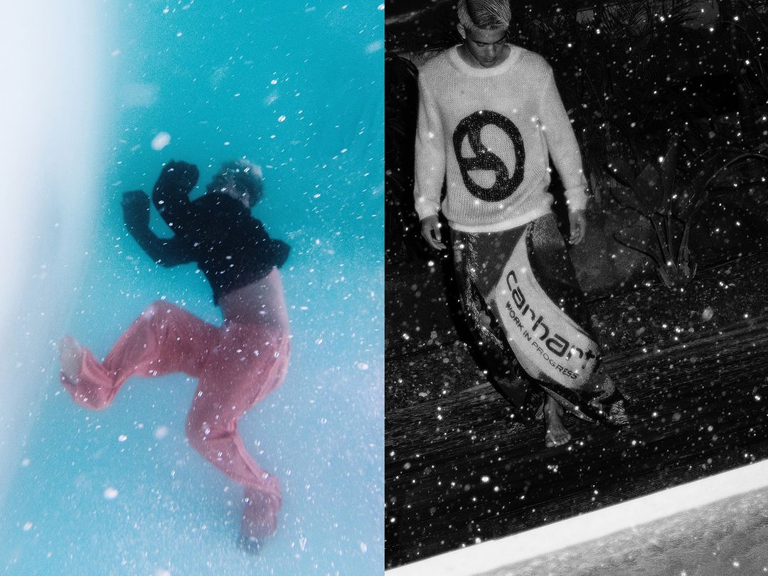 Split screen fashion shot features a male model in black and pink attire in blue-toned setting and male model in white in grayscale with text.