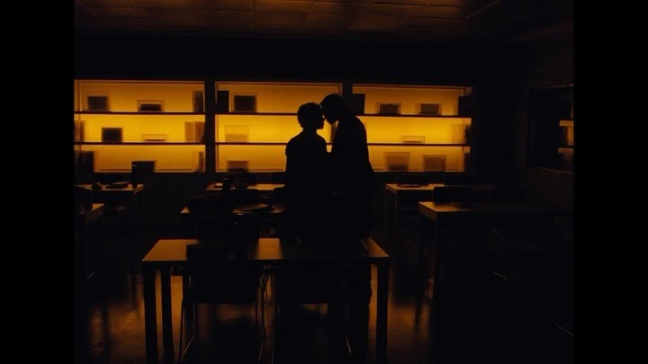Silhouetted couple in warm, low-lit room with desks and shelves in the background, creating a dramatic and intimate scene.