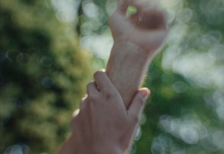 Close-up of a hand gripping another wrist against an out-of-focus green foliage and bokeh background directed by Pablo Curto.