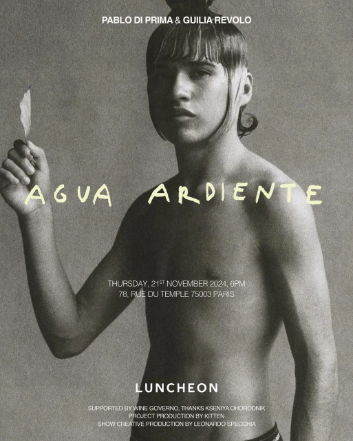 Monochromatic fashion poster features a bare-chested person holding a leaf, promoting 'Agua Ardiente'. Event details are included.