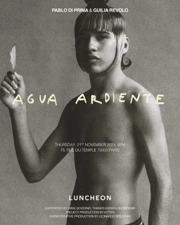 Monochromatic fashion poster features a bare-chested person holding a leaf, promoting 'Agua Ardiente'. Event details are included.