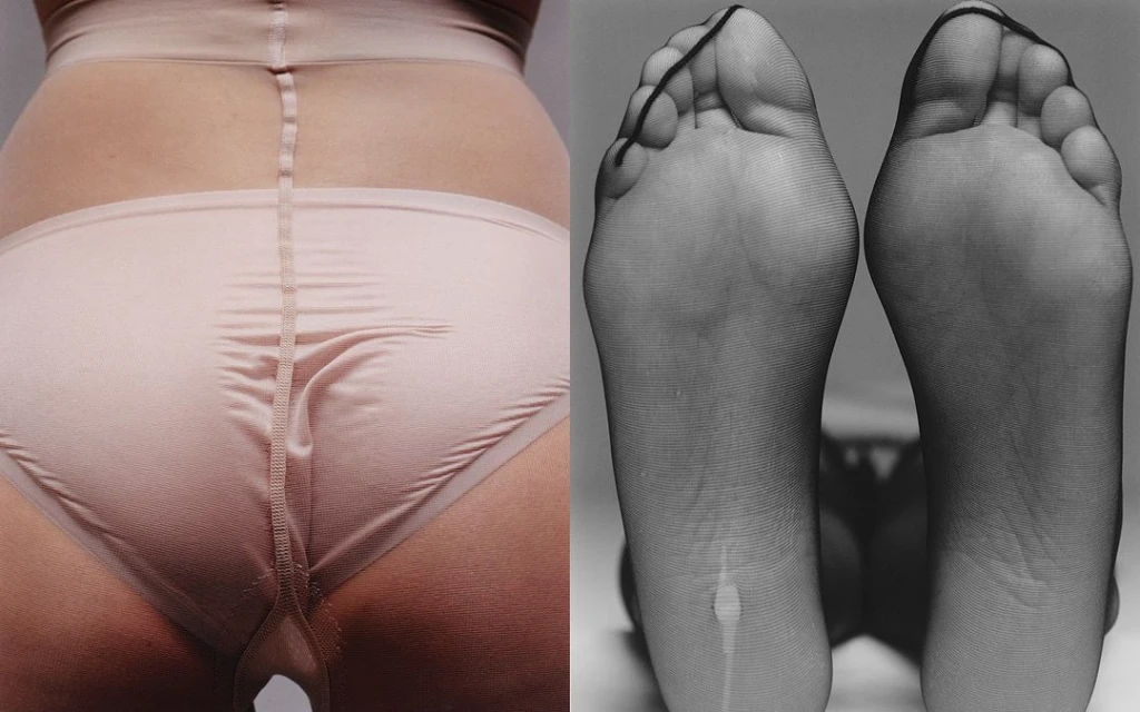 Close-up studio shot of a fair-skinned person's lower torso wearing light pink shapewear, with black pantyhose-covered feet to the right.